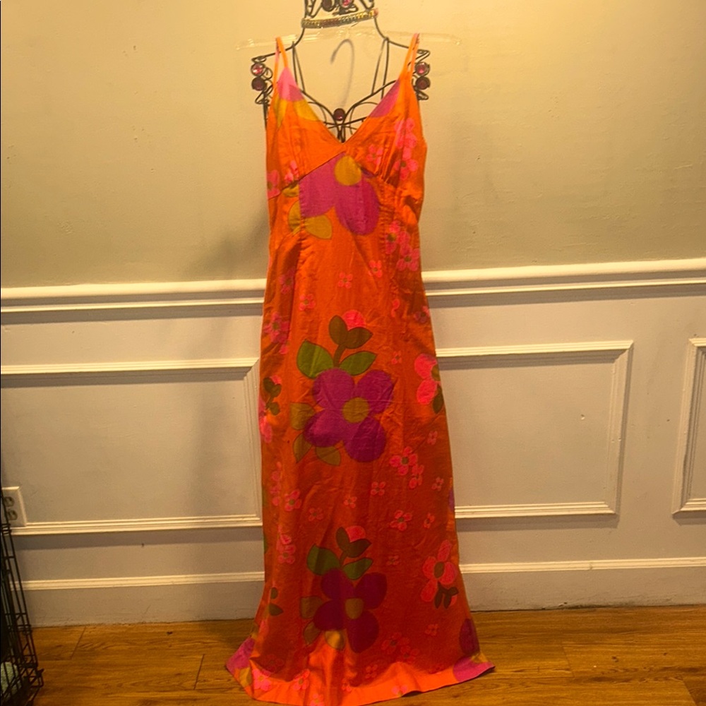 Floral Orange & Pink Dress house of Siam vintage sz US 6/ 8 silk Thailand